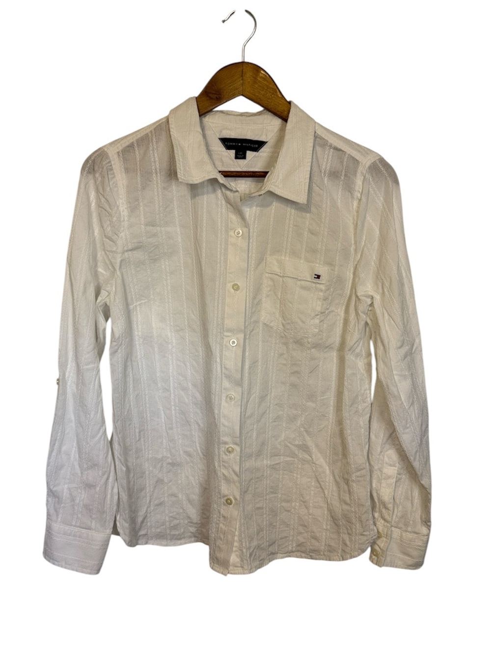 Tommy Hilfiger White Button Down Long Sleeve Blouse Trim Lace Detail L Logo